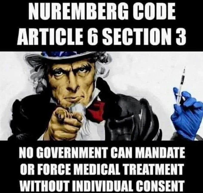 Pandemic Amnesty — Uncle Sam meme citing Nuremberg Code against forced medical treatment