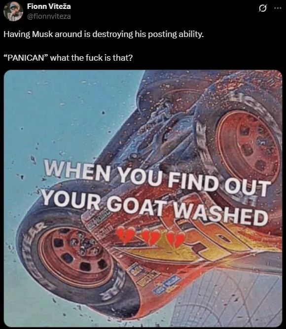 Tweet using the Cars movie meme format with text about a goat being washed and a Panican reference.