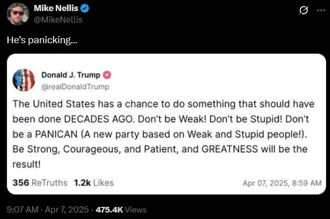 Twitter screenshot showing Mike Nellis commenting 'He's panicking...' on Trump's original Panican definition tweet.