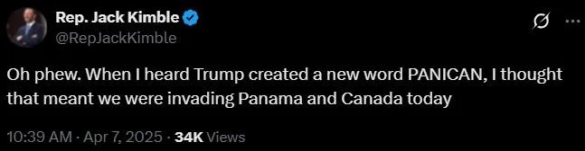 Screenshot of Rep. Jack Kimble's joke tweet misinterpreting 'Panican' as a reference to invading Panama and Canada.