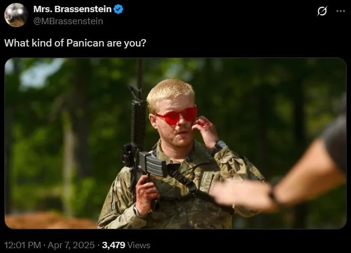 Tweet from Mrs. Brassenstein asking 'What kind of Panican are you?' paired with a tactical military personnel reaction image.