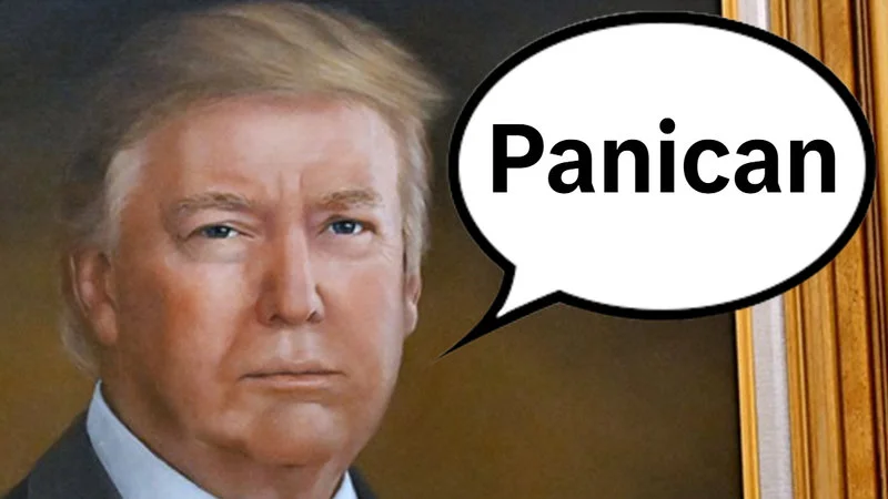 A portrait of Donald Trump with a speech bubble containing the word 'Panican.'