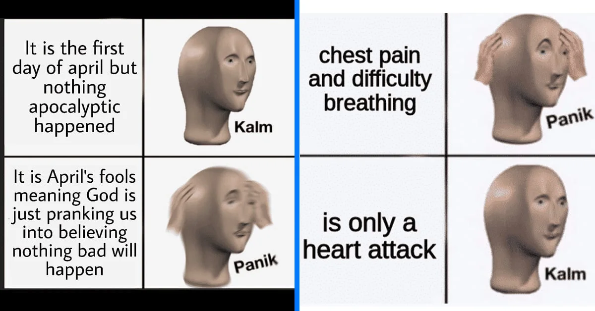 Four-panel Panik Kalm Panik meme with Meme Man showing alternating emotions about April Fools' Day health anxiety