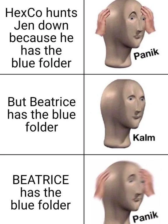 Three-panel Panik Kalm Panik meme about blue folder possession showing escalating anxiety