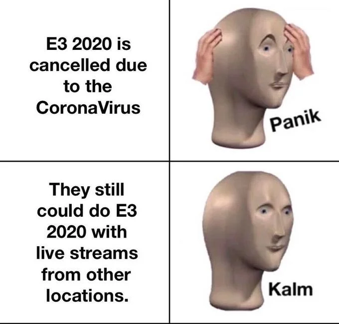 Panik Kalm Panik — E3 2020 coronavirus meme fragment with panic about cancellation and calm about streaming alternatives