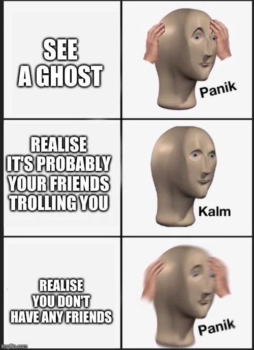 Three-panel Panik Kalm Panik meme about seeing a ghost with dark humor twist about having no friends
