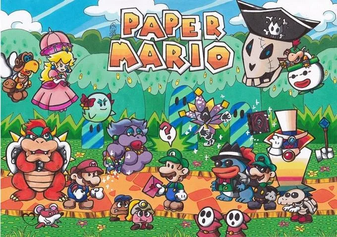 Colorful Paper Mario: Color Splash fan art with the game's cast inside a heart-shaped border.