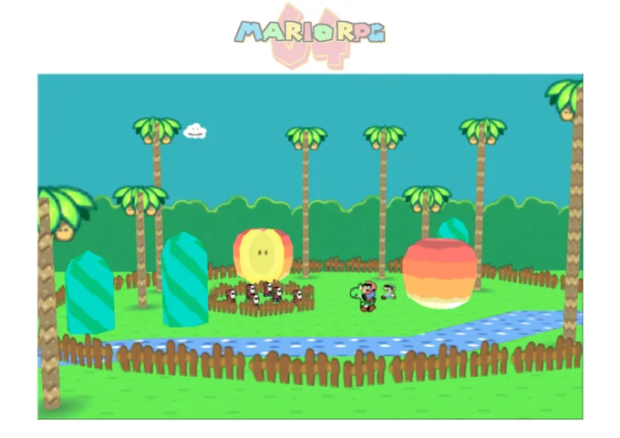 Fan-made screenshot mock-up titled Mario RPG 64 with paper Mario in a jungle scene.