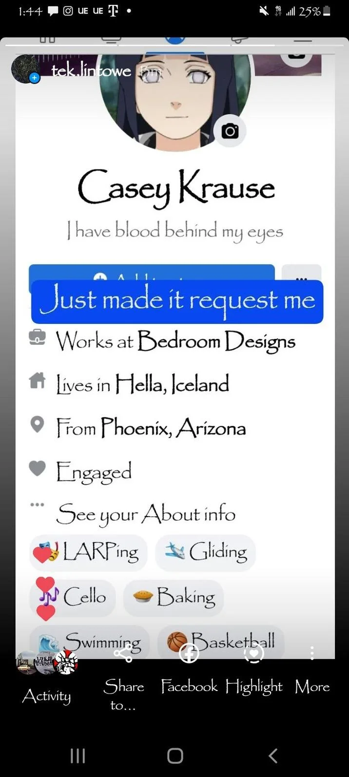 Papyrus Irony — Facebook profile with Papyrus font name Casey Krause and anime avatar