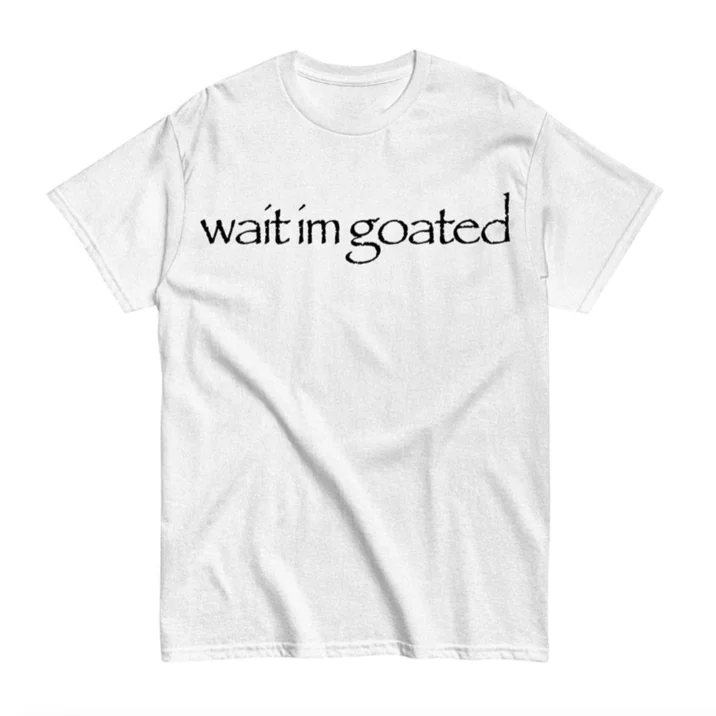 Papyrus Irony — White t-shirt with 'wait im goated' text in Papyrus font