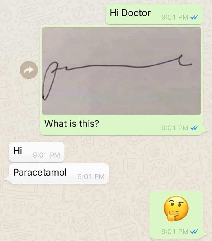 A WhatsApp exchange between user and doctor where a scribble is identified as 'Paracetamol' with green and blue chat bubbles.