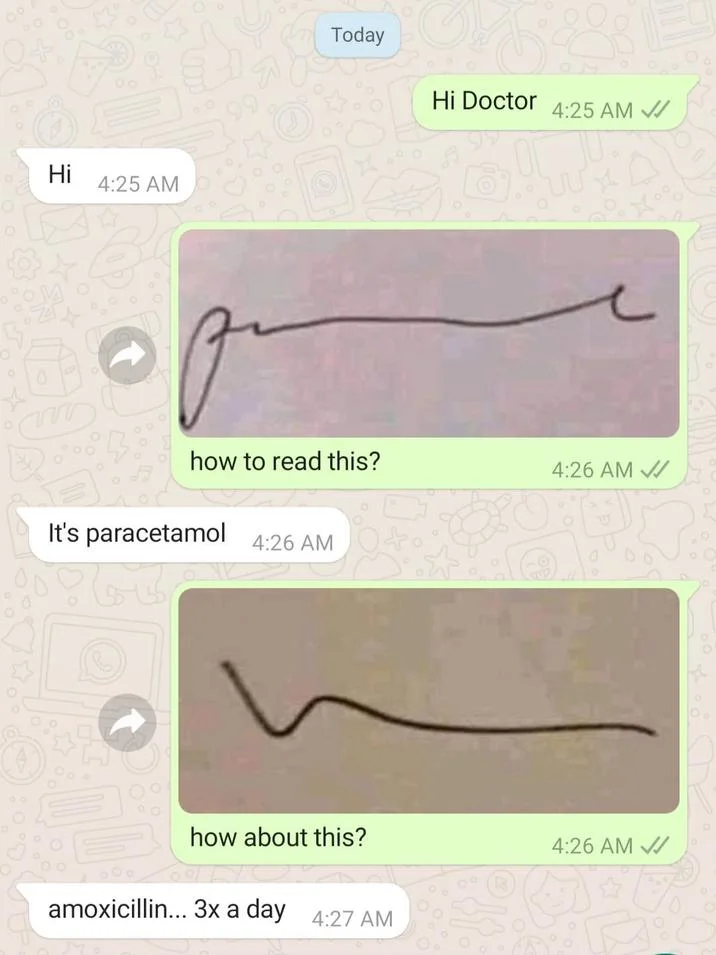 A multi-message WhatsApp exchange showing two doctor's handwritten samples identified as Paracetamol and amoxicillin.