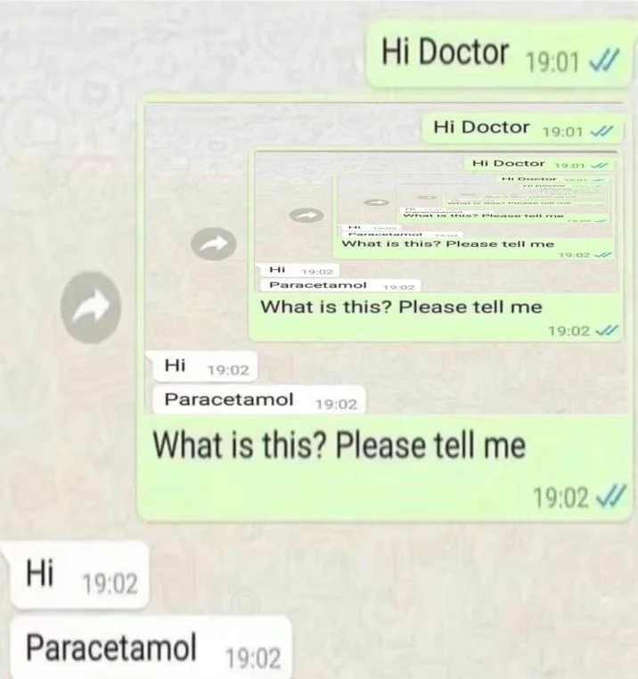 A WhatsApp chat with cascading message format showing the classic Paracetamol meme conversation at different levels.