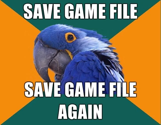 High resolution Paranoid Parrot meme about saving game files