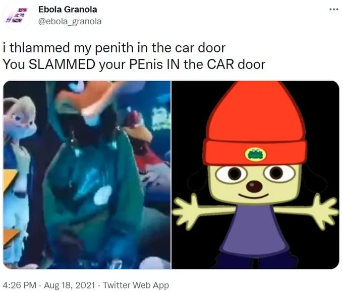 PaRappa the Rapper — Twitter meme joke comparing a car door scene with PaRappa artwork