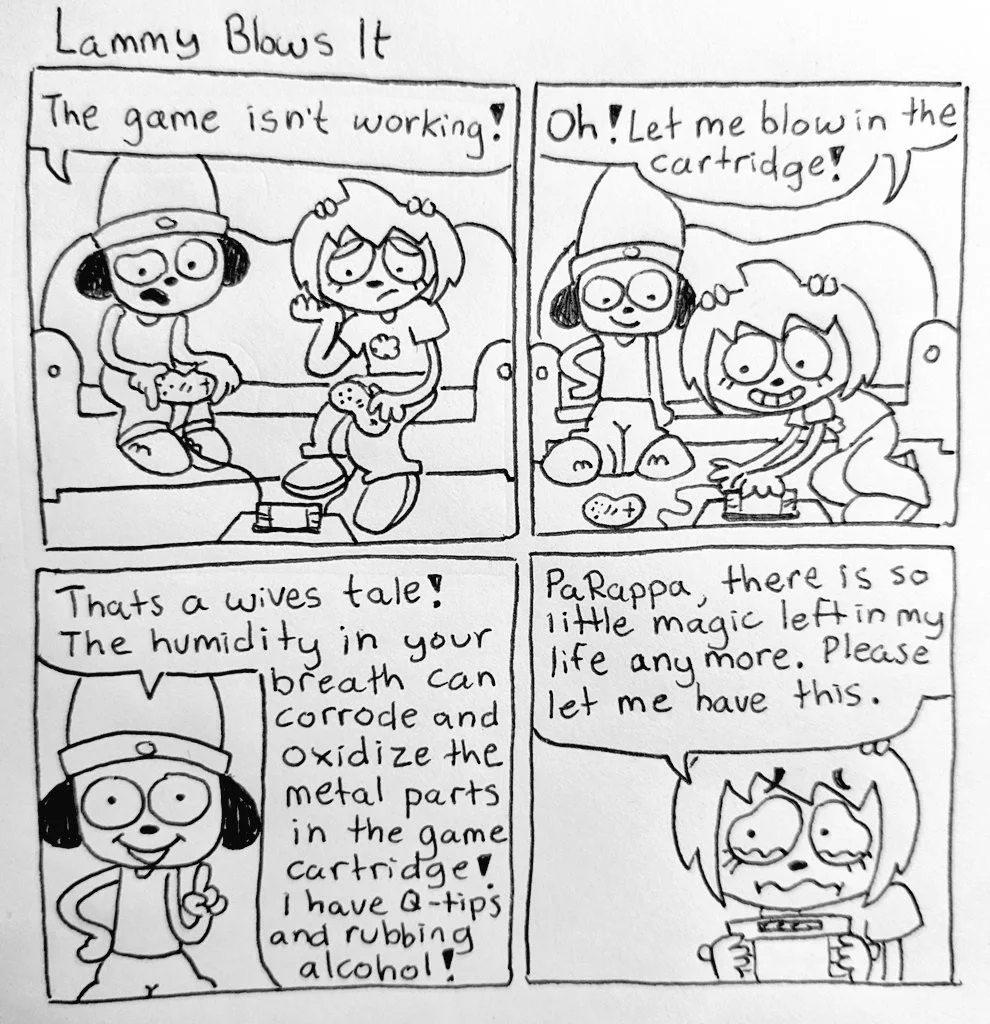 PaRappa the Rapper — Four-panel fan comic of PaRappa blowing on a game cartridge for Lammy