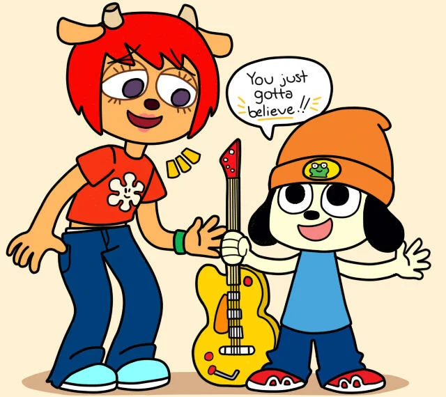 PaRappa the Rapper — Fan art of Lammy handing her guitar to PaRappa who says 'You just gotta believe'
