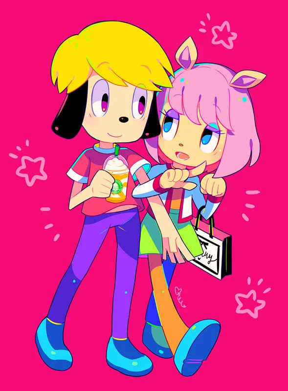 PaRappa the Rapper — Fan art of a dog boy and a lamb girl walking together with drinks and a shopping bag