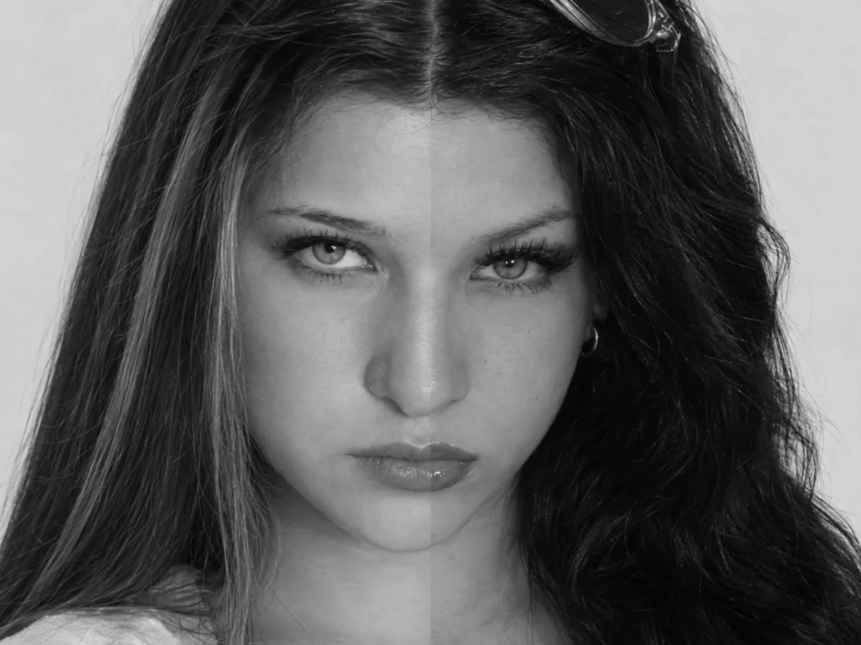 Parent Split-Face — Close-up split-face composite of two young women with long dark hair