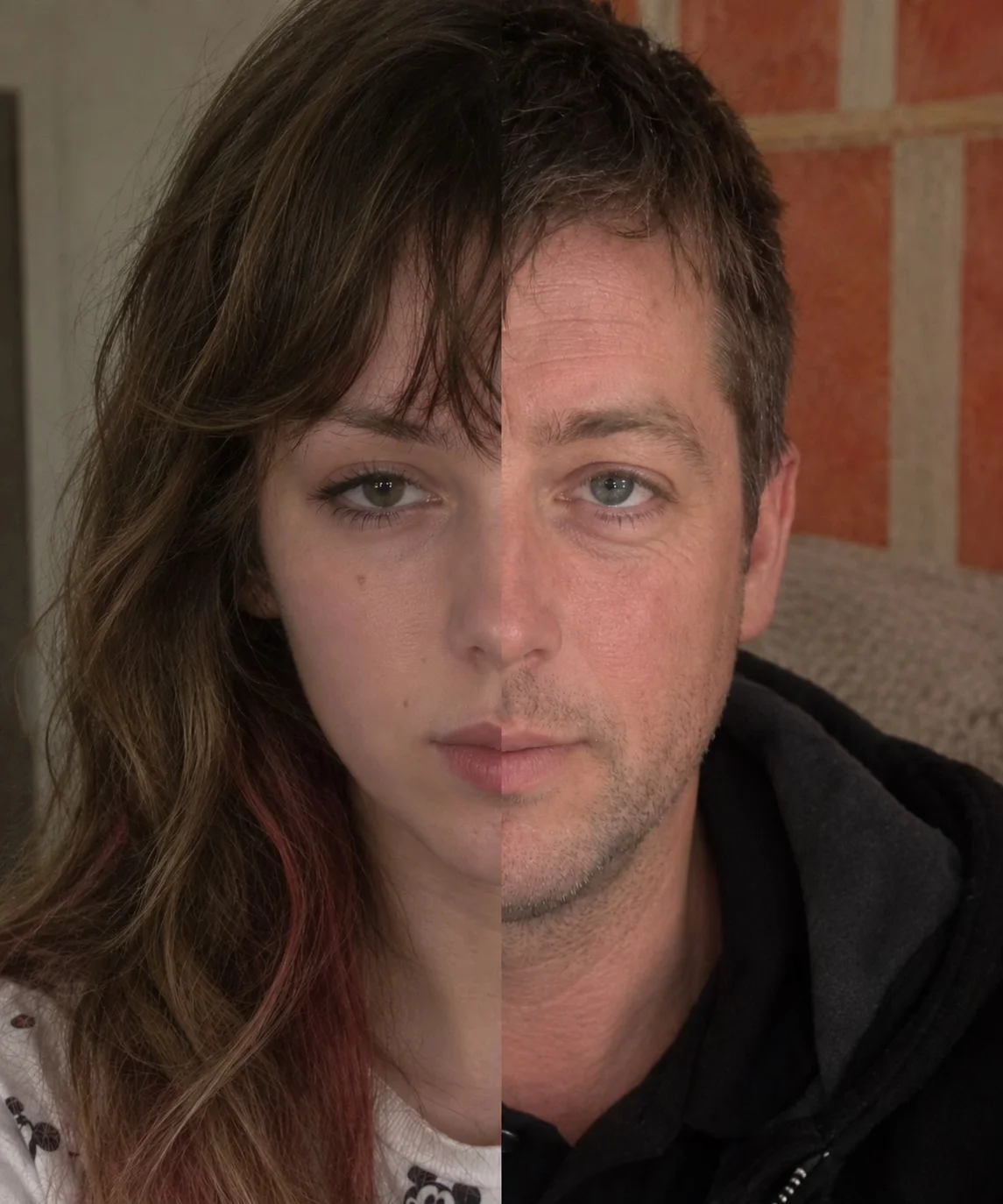 Parent Split-Face — Color split-face composite of a daughter and her father seated indoors