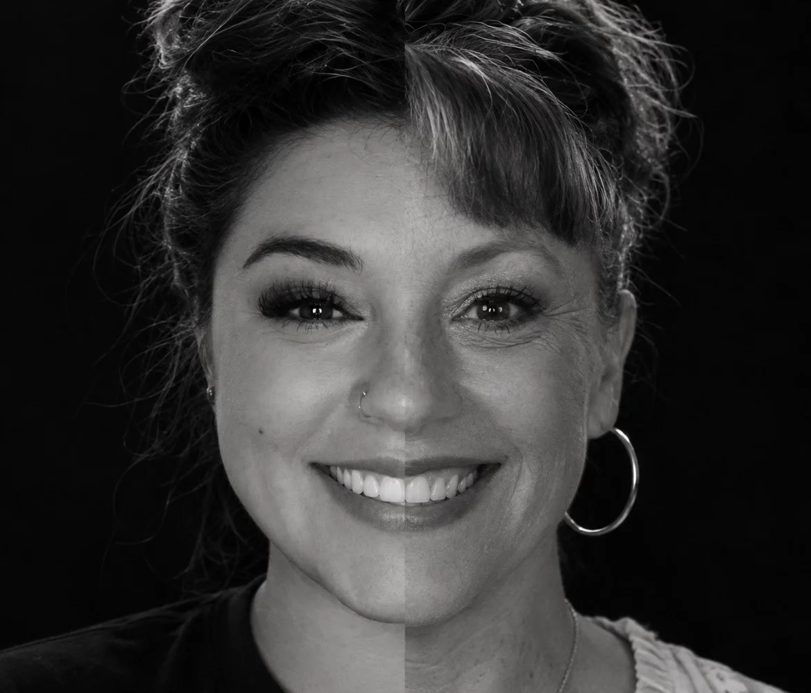 Parent Split-Face — Split-face composite of a smiling daughter and mother in black and white