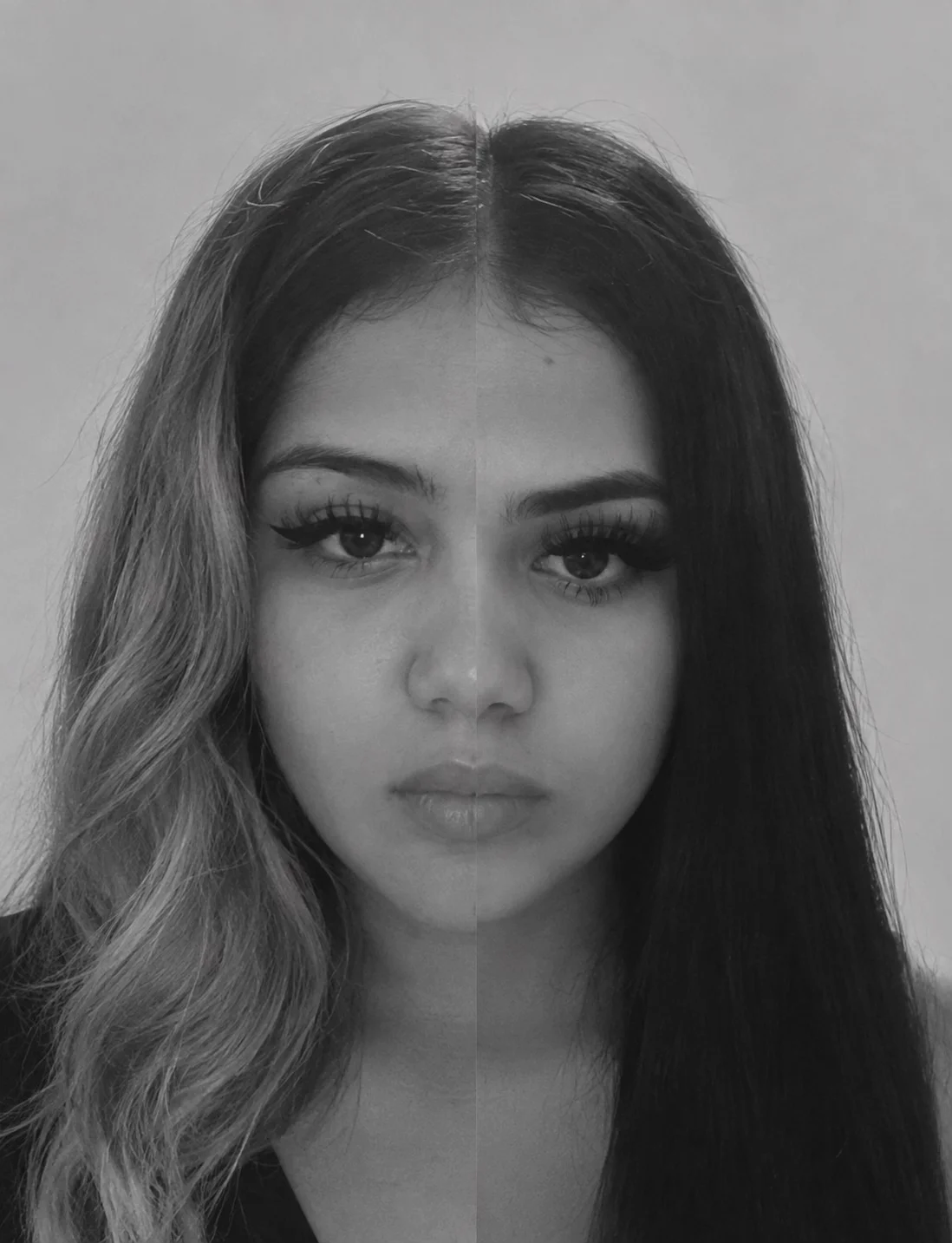 Parent Split-Face — Split-face composite of two young women with center-parted long hair