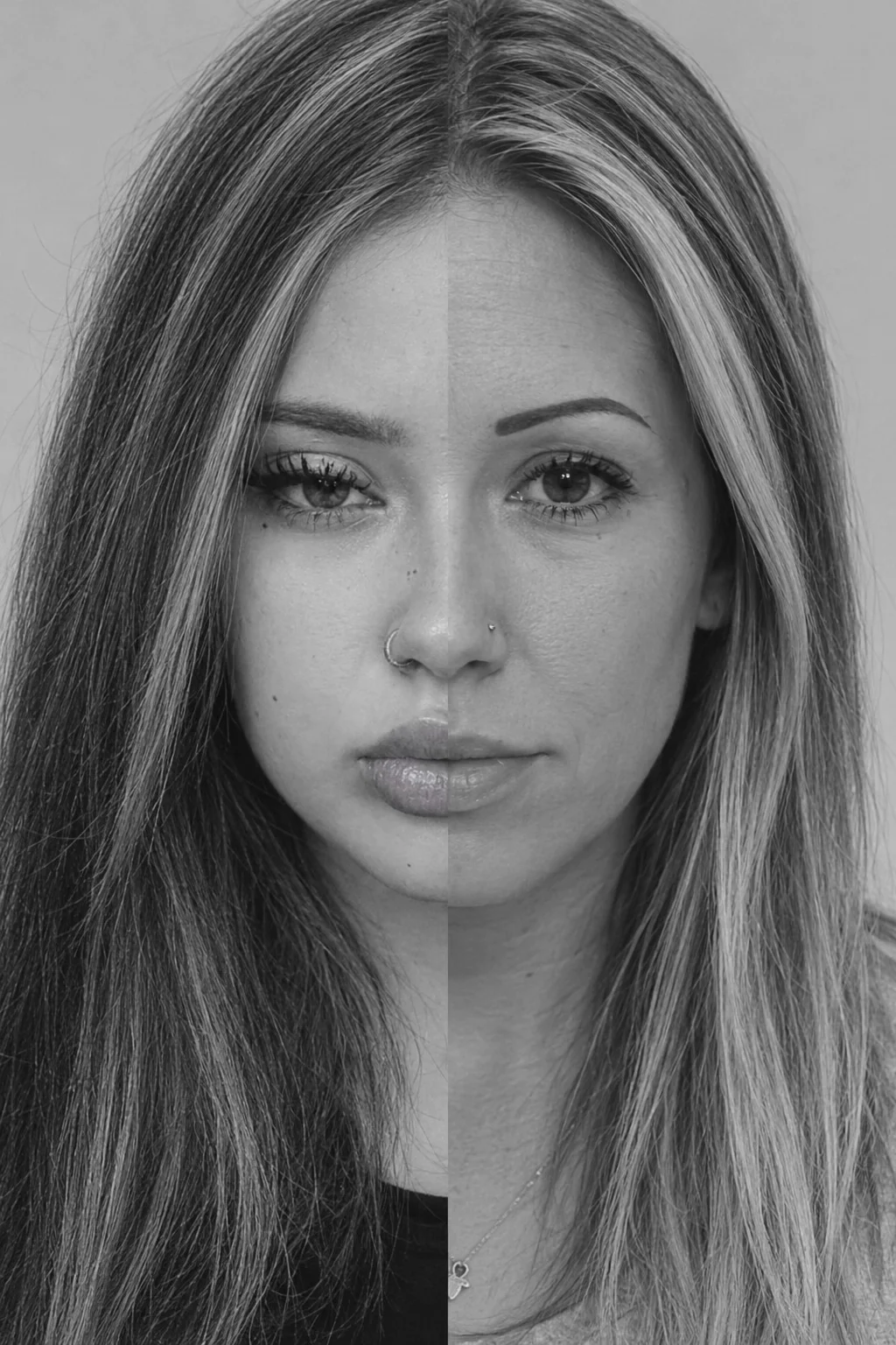 Parent Split-Face — Split-face composite of two young women with long hair and nose piercings