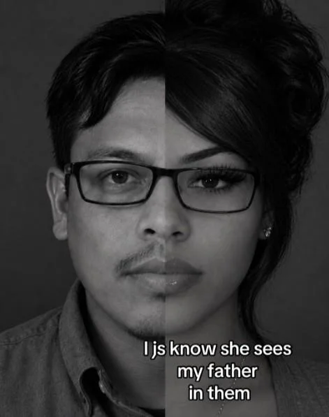Parent Split-Face — Split-face image of a son and daughter with caption about seeing their father in them