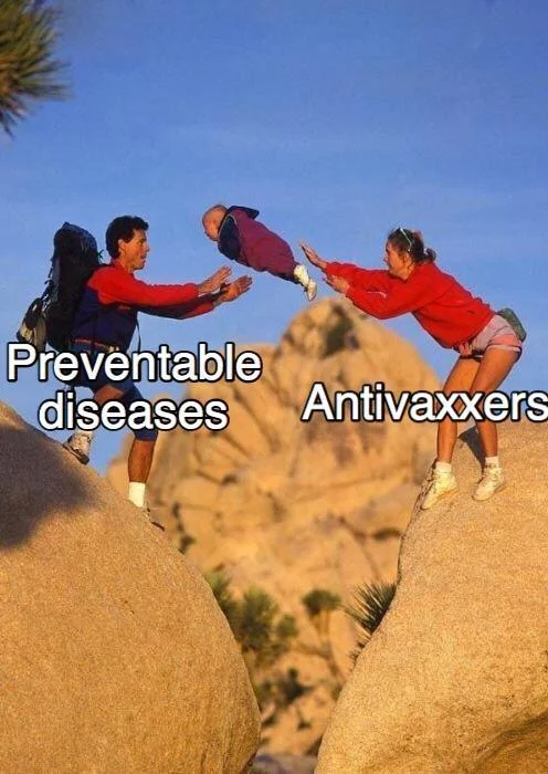 Parents Throwing Baby — Meme template with labels Preventable diseases and Antivaxxers
