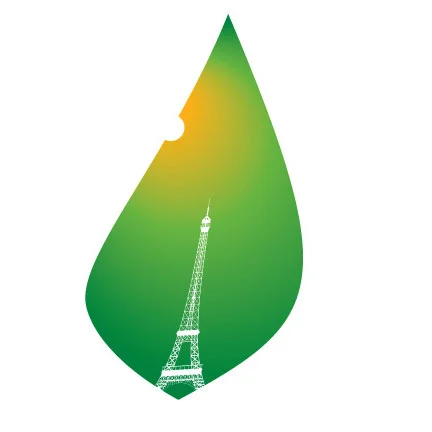 Paris Climate Agreement Withdrawal — Green leaf droplet with Eiffel Tower outline symbolizing the Paris climate accord