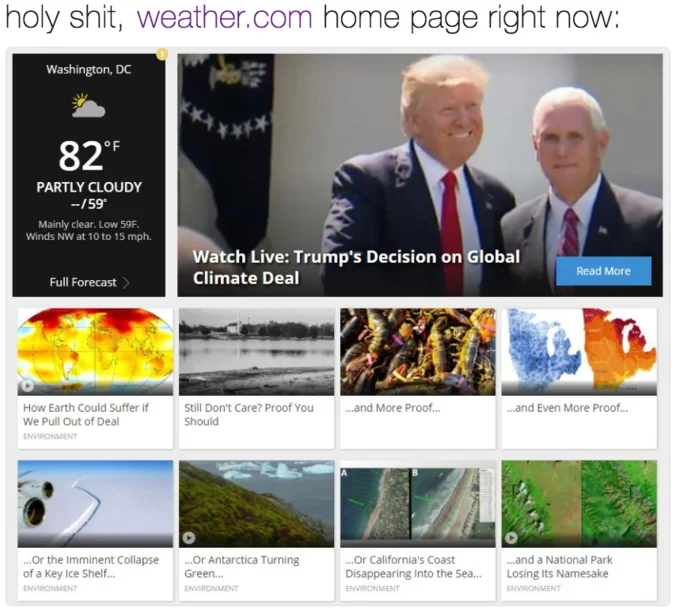 Paris Climate Agreement Withdrawal — Weather.com homepage showing Trump's climate deal decision surrounded by climate impact stories