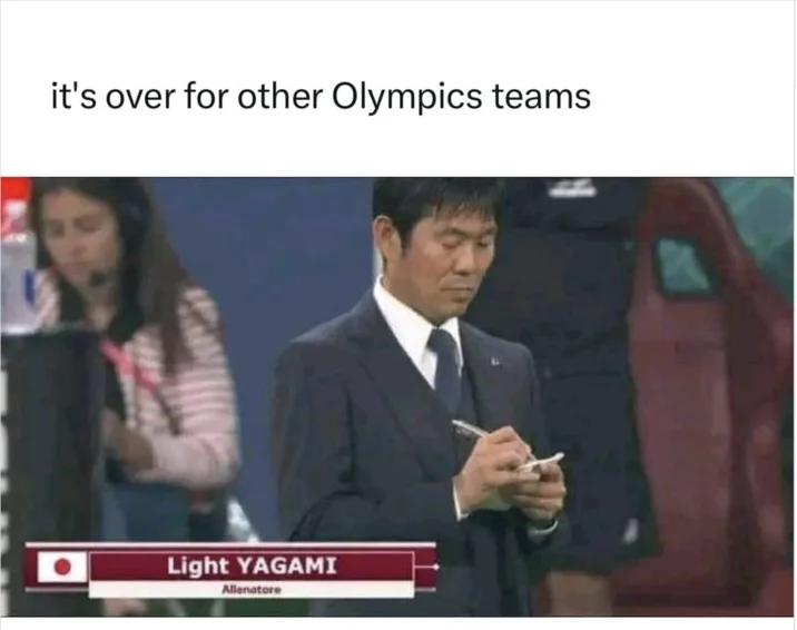 Paris Olympics Memes — Twitter post spreading Light YAGAMI coach meme with text about dominance and Olympic threat.