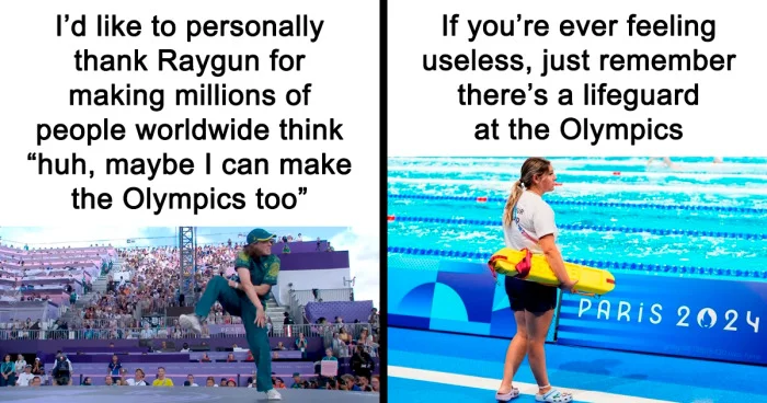 Paris Olympics Memes — Two-panel composite of Paris 2024 venue and athlete with text about athletes inspiring meme culture.
