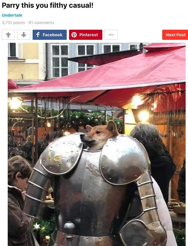Reddit post featuring a Shiba Inu dog wearing medieval armor with the title 'Parry this you filthy casual!'
