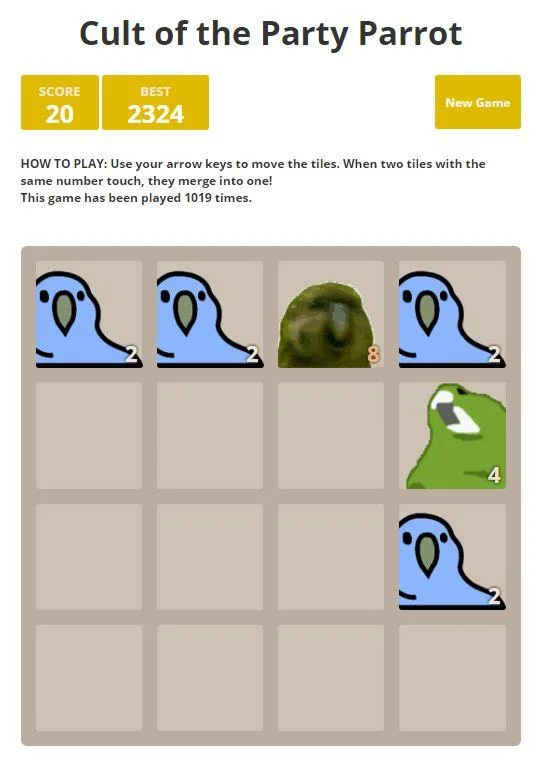 Cult of the Party Parrot 2048 game with parrot-themed tiles