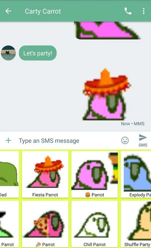 Mobile messaging app screenshot with Fiesta Parrot sticker and Party Parrot keyboard picker