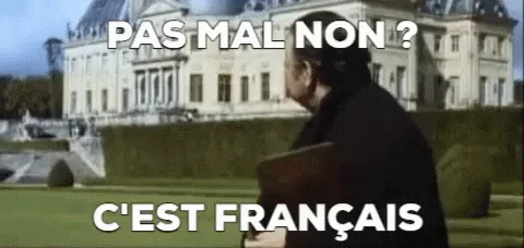 Pas Mal Non Cest Francais — An animated GIF still from La Classe Américaine showing a man walking toward a grand French château with text reading 'PAS MAL NON