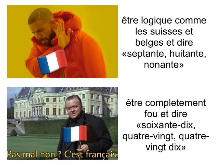 Pas Mal Non Cest Francais — A Drake Hotline Bling format meme contrasting logical Swiss/Belgian counting with illogical French number systems, using the