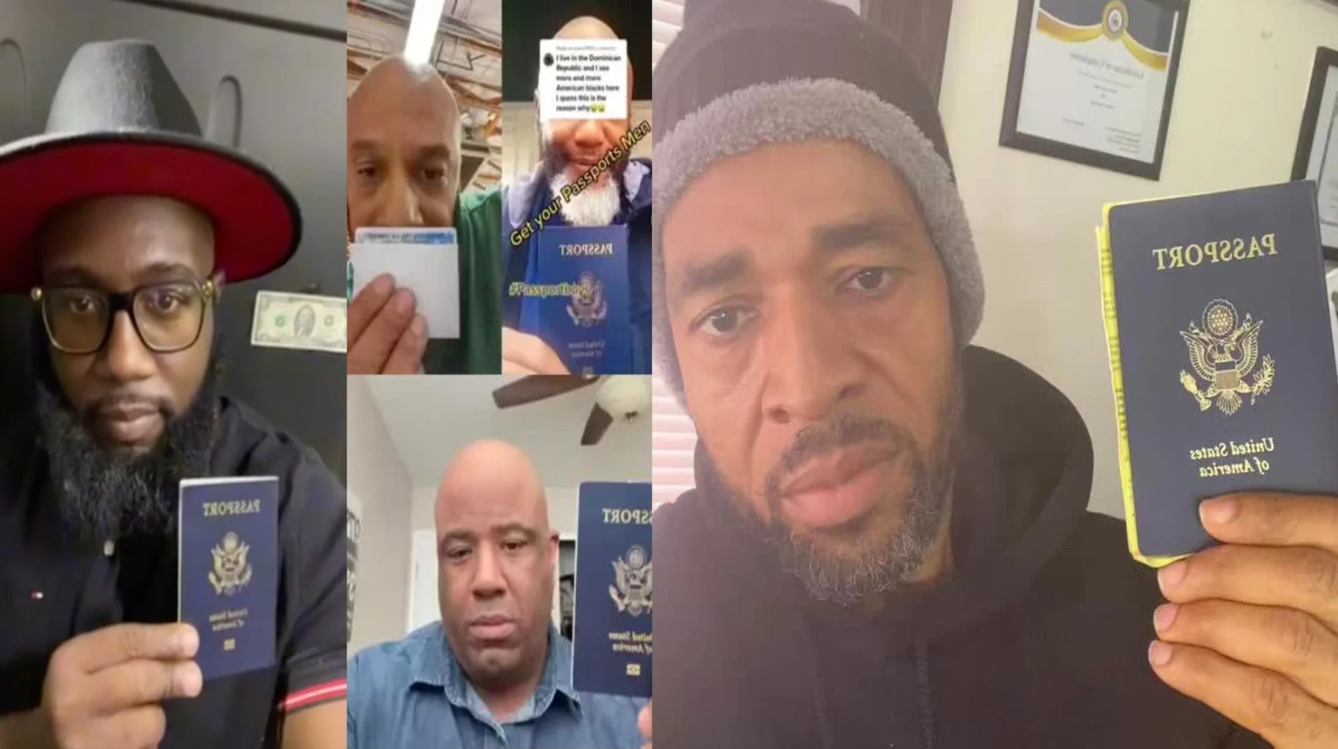 Collage of men holding U.S. passports in TikTok videos about the Passport Bros movement