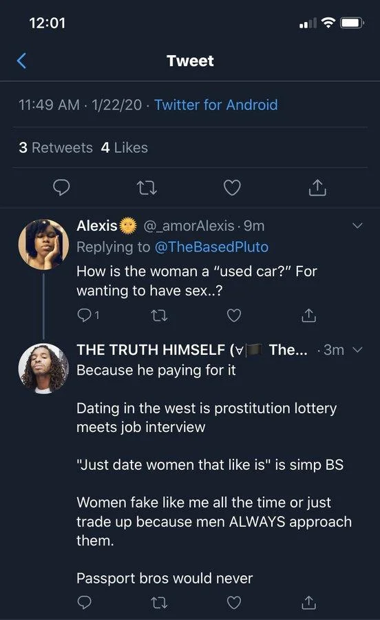 Screenshot of Twitter reply thread ending with the phrase 'Passport bros would never'