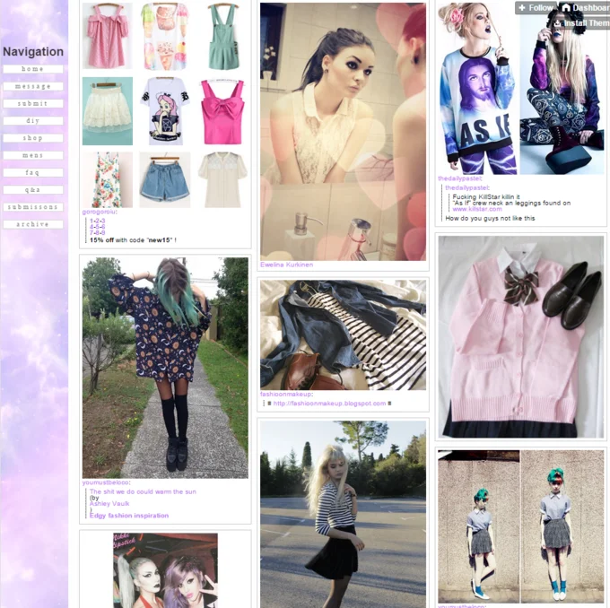A collage gallery showcasing various pastel goth fashion looks with clothing items, accessories, and individuals wearing the aesthetic blending pastel colors