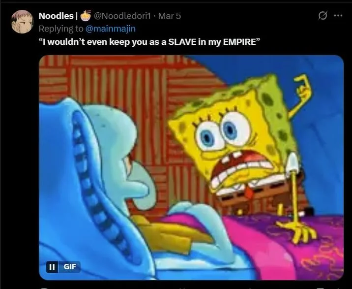 Pathetic I Wouldnt Even Keep You As A Slave In My Empire — A Twitter screenshot showing the Target Invincible quote applied to a SpongeBob and Squidward
