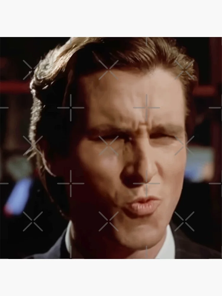 Patrick Bateman with concerned expression overlaid with crosshair and plus-sign marks.