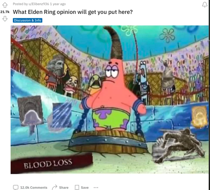 Patrick Chained — Reddit post asking what Elden Ring opinion will get you put here with Patrick edited into the game