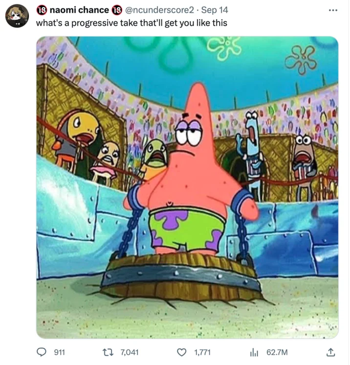 Patrick Chained — Tweet from naomi chance asking for progressive takes using the chained Patrick image