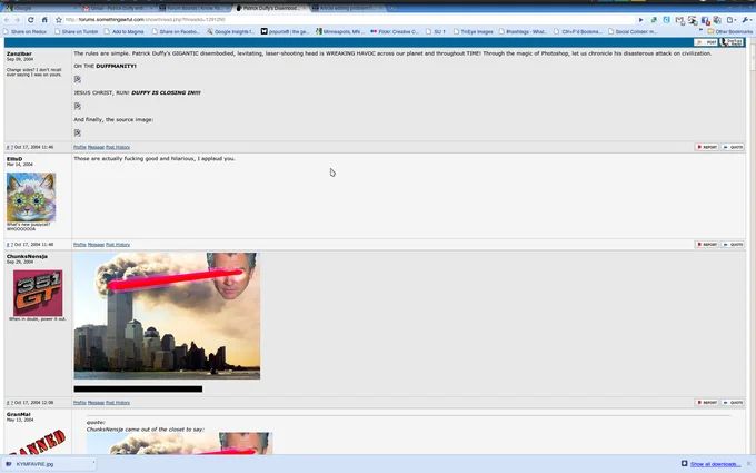 Something Awful forum thread screenshot introducing the Patrick Duffy laser head Photoshop meme
