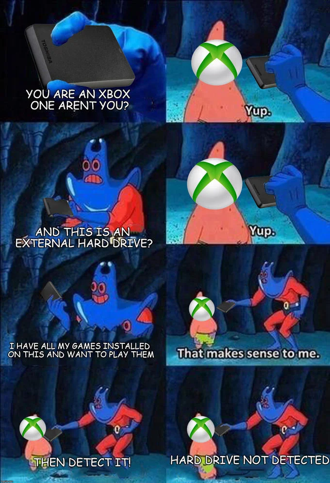 Patrick Star's Wallet — Patrick wallet meme edited with Xbox logo and Toshiba hard drive images