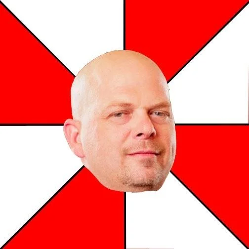 Pawn Stars — Rick Harrison's head on a red and white pinwheel meme background.