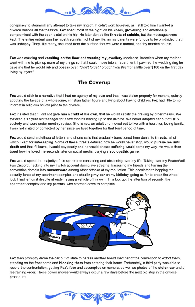 PeaceWolf Drama — Page from Peacewolf's blog 'The Coverup' with illustration of fox character on a blue Shelby Mustang labeled PEACEWLF