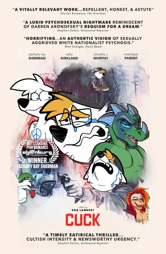 Parody movie poster titled CUCK featuring Peacewolf drama furry characters with fake film review quotes